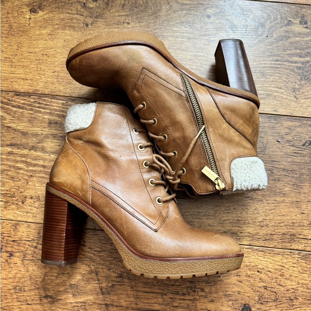 MICHAEL Michael Kors Tan Leather Lace-Up Block Heel Ankle Boots - Picture 11 of 12